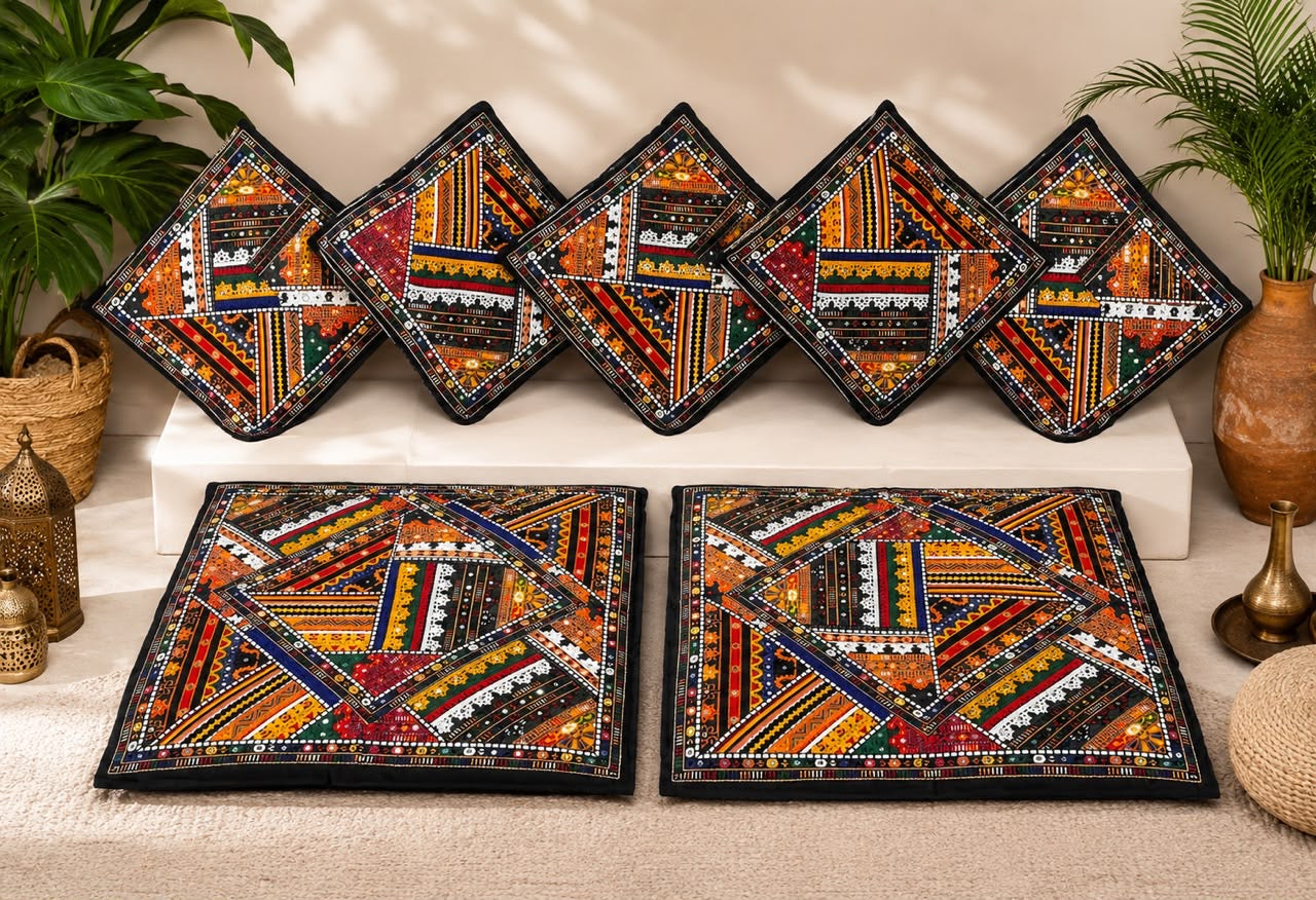7 Pcs Multi Embroidery Antique Cushion Cover Set – 5 Sofa Cushions & 2 Floor Cushions – Ethnic Home Decor