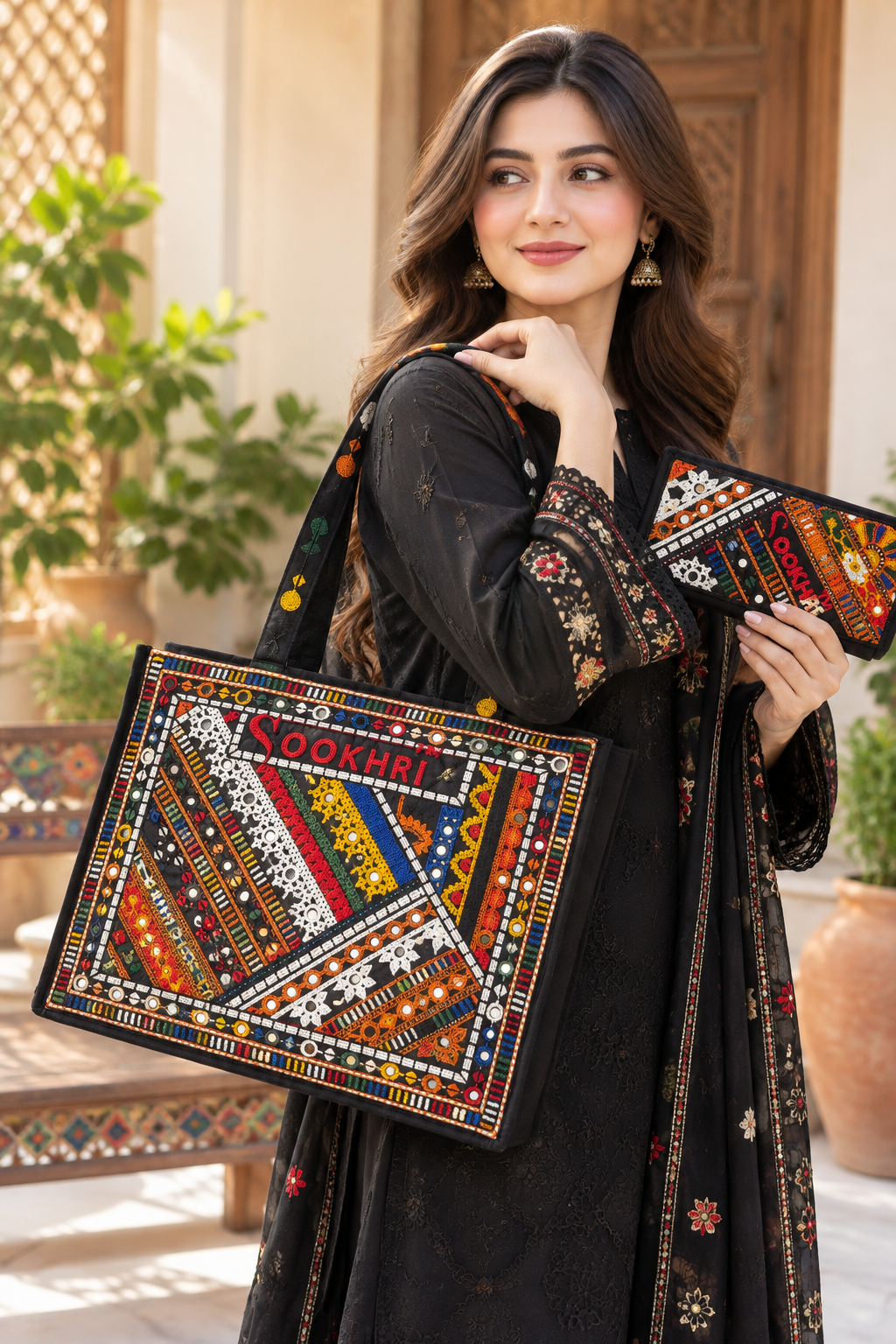 Traditional Multi-Pattern Embroidered Handbag with Matching Clutch – Antique Design