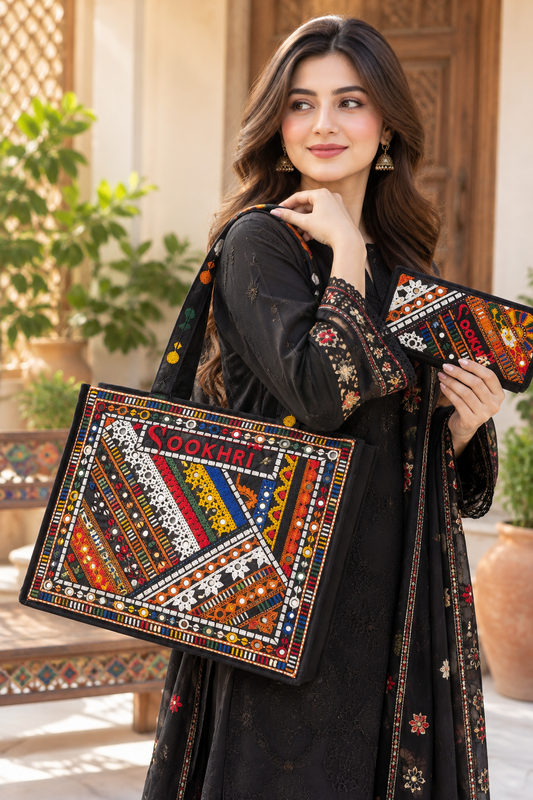 Traditional Multi-Pattern Embroidered Handbag with Matching Clutch – Antique Design