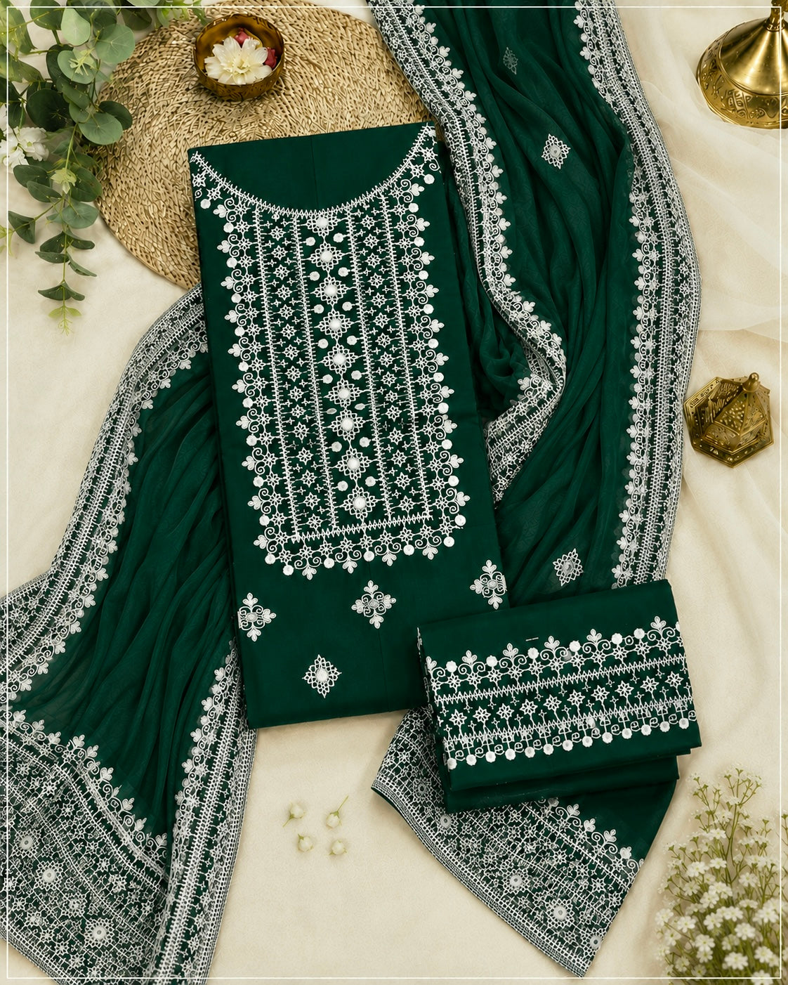 Hurmucha Machine Work & Sitara Foil Detailing Embroidered Lawn Cotton with Chiffon Dupatta – 3PC Unstitch Dress 👗