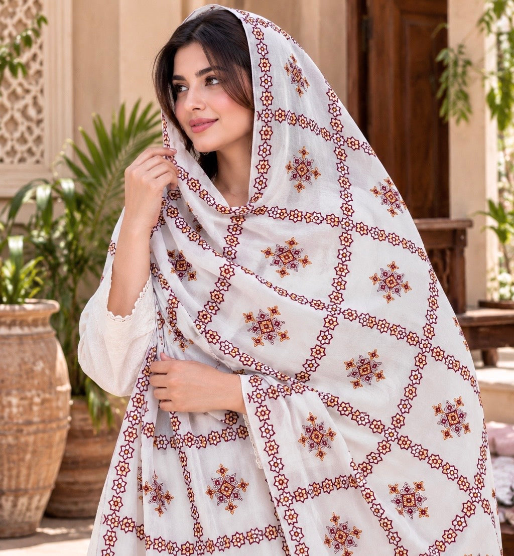 Thick Thread Check Style Full Jaal Sitara Embroidered Balochi Chader | Swiss Lawn