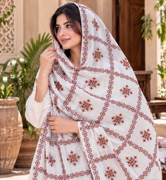 Thick Thread Check Style Full Jaal Sitara Embroidered Balochi Chader | Swiss Lawn