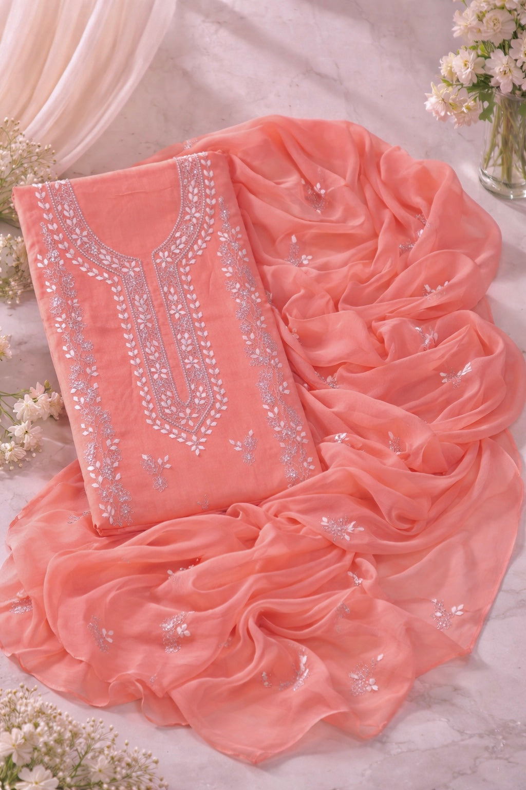 Handmade Applique Leaf, Zari & Pearl Work Lawn Fabric With Chiffon Dupatta 3PC Dress