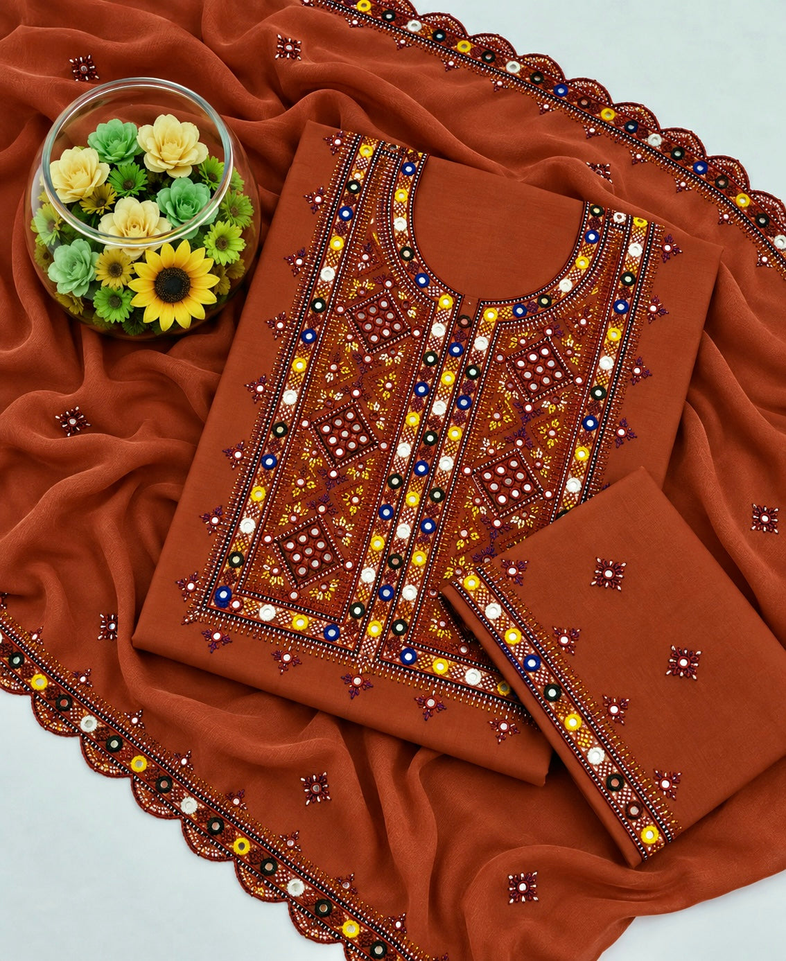 Balochi Thick Thread 9MM Sitara Work Machine Embroidered Soft Cotton with Two Side Cutwork Border Chiffon Dupatta - 3PC Unstitched Dress 👗