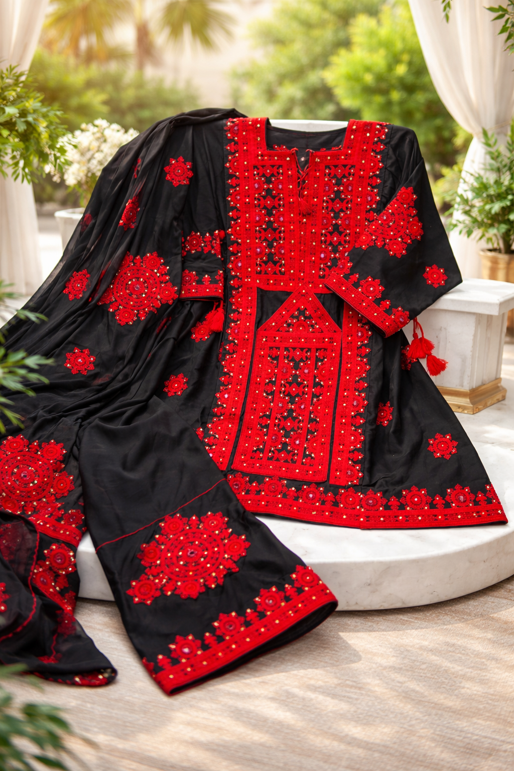 Black & Red Embroidered Balochi Ghagga, Ready to Wear – Georgette Fabric