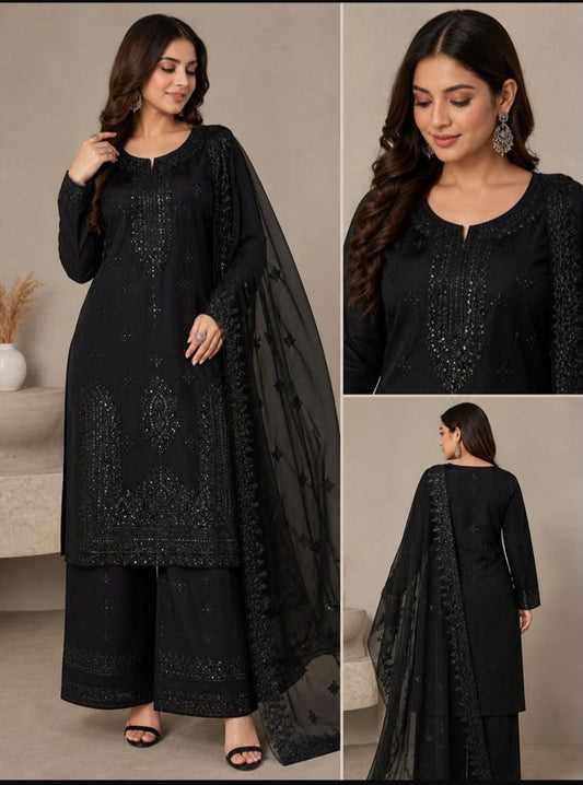 Black 3MM Sitara Embroidered Heavy Gala Daman Lawn Cotton Fabric with Embroidered Chiffon Dupatta | 3PC Unstitched Suit