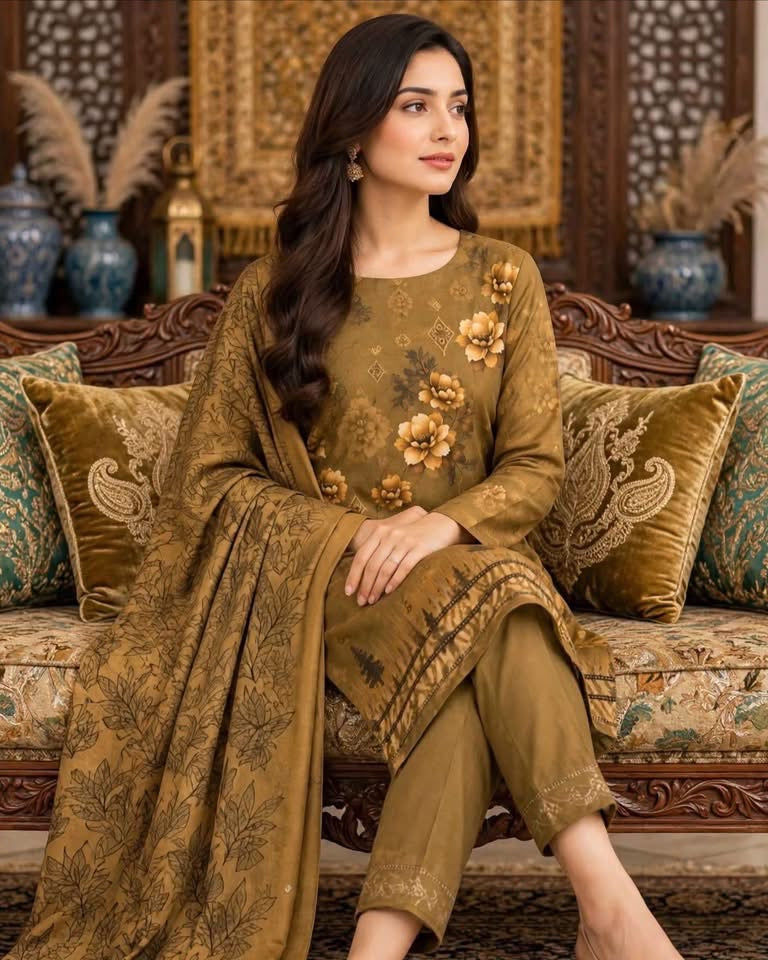 Dhanak Fabric Floral Self Print Unstitched 3PC Dress (Winter Collection)