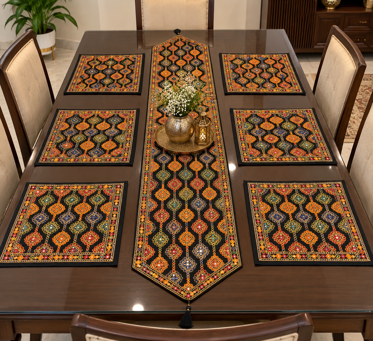Dinning Table Embroidered Mats With Long Runner 7pc Set