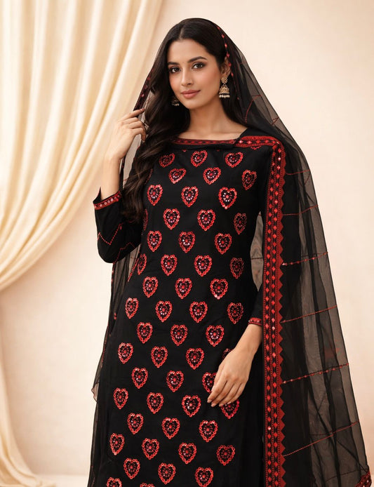 3-Piece Suit with 9mm Sitara Heart Embroidery | Soft Cotton Shirt & Trouser with Fancy Chiffon Dupatta