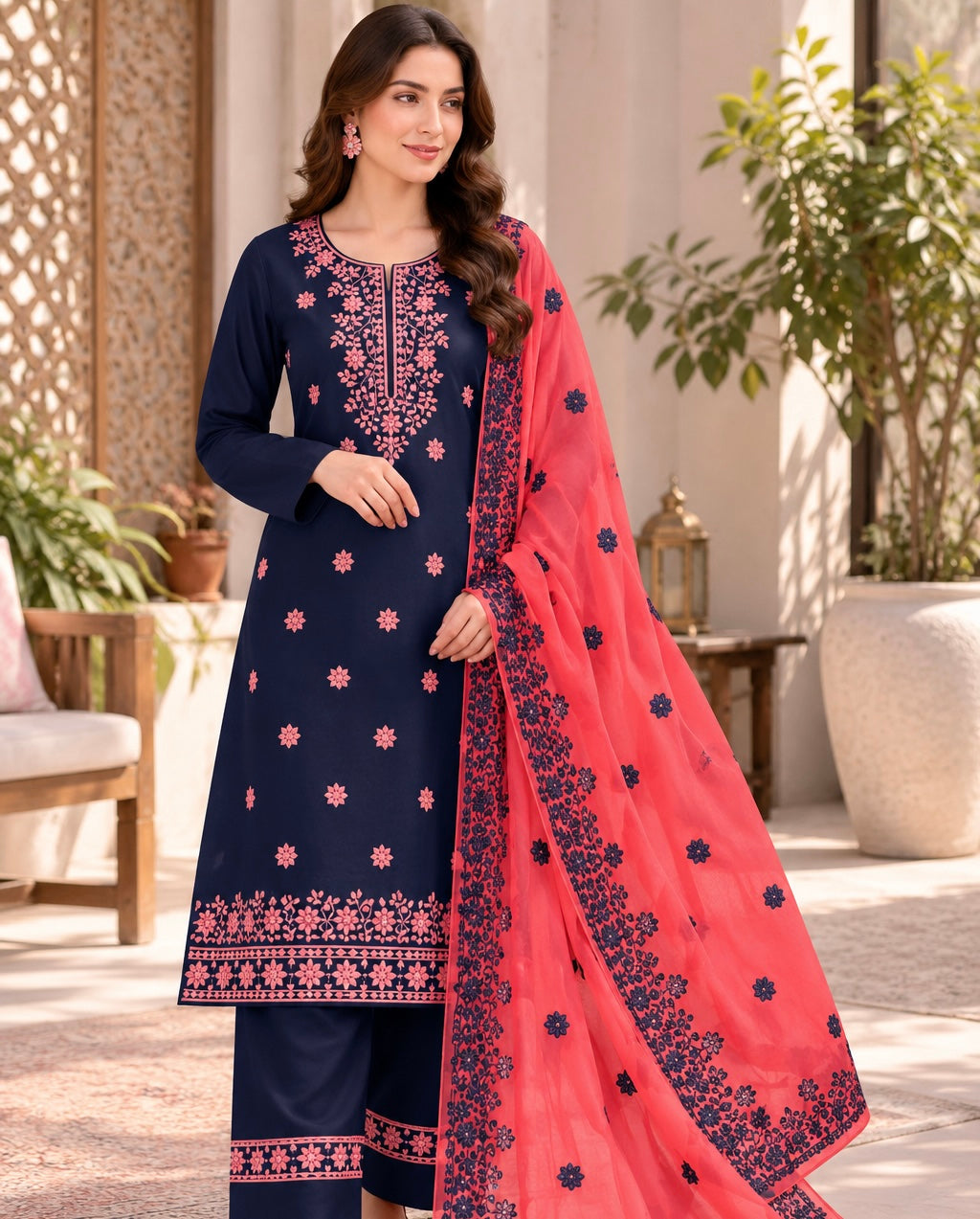 Computer Flower Patti Applique Embroidered Soft Cotton with Chiffon Dupatta - 3PC Unstitch Dress 👗