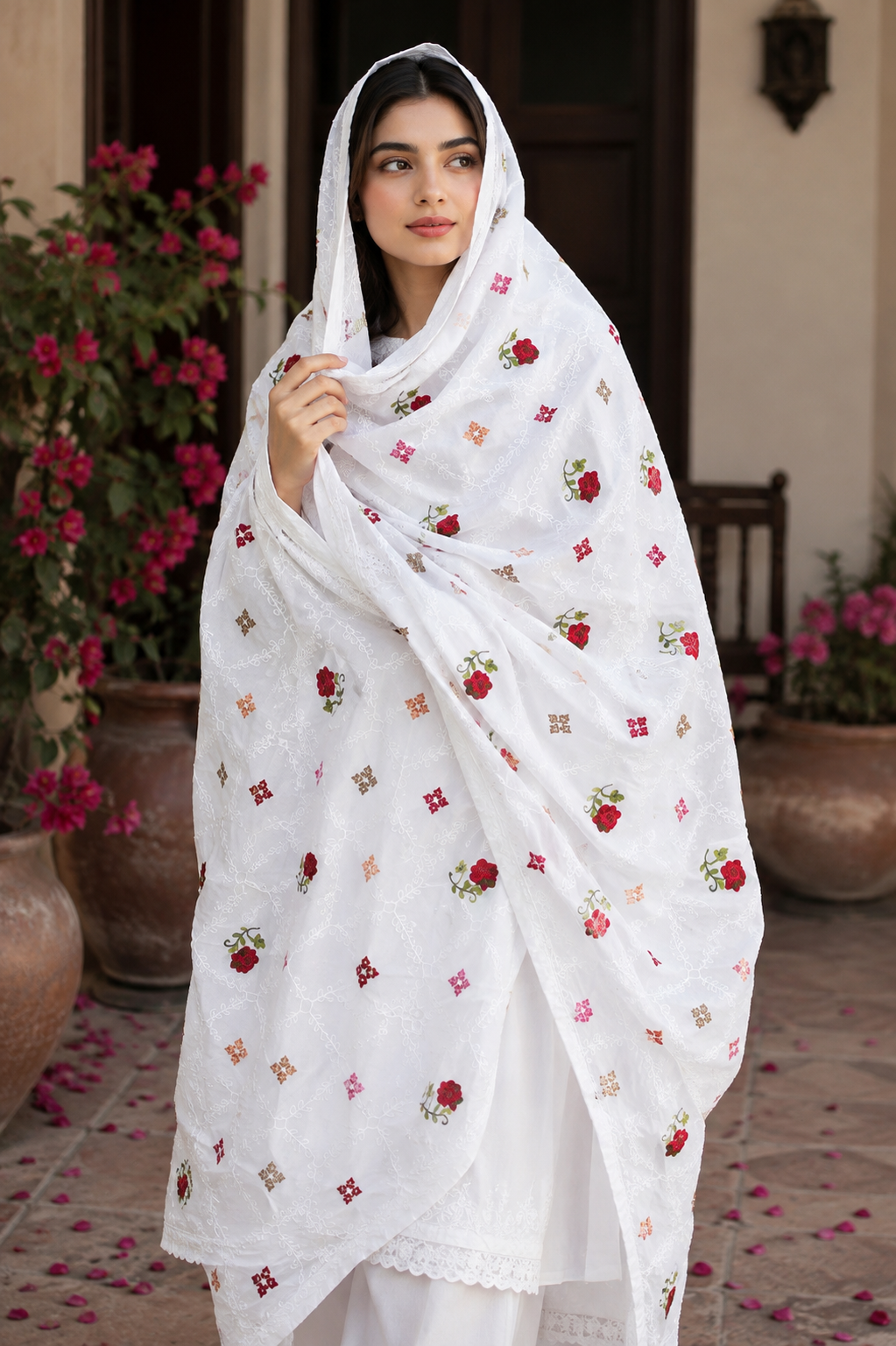 Flower Check Style Full Jaal Computer Embroidered Ladies Chadar – Swiss Voile Fabric