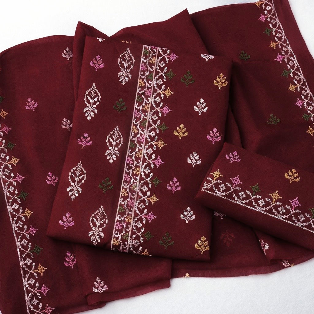 Cross Stitch Sequence Sitara Embroidery Panel Work With Chiffon Dupatta – 3PC Unstitch Dress