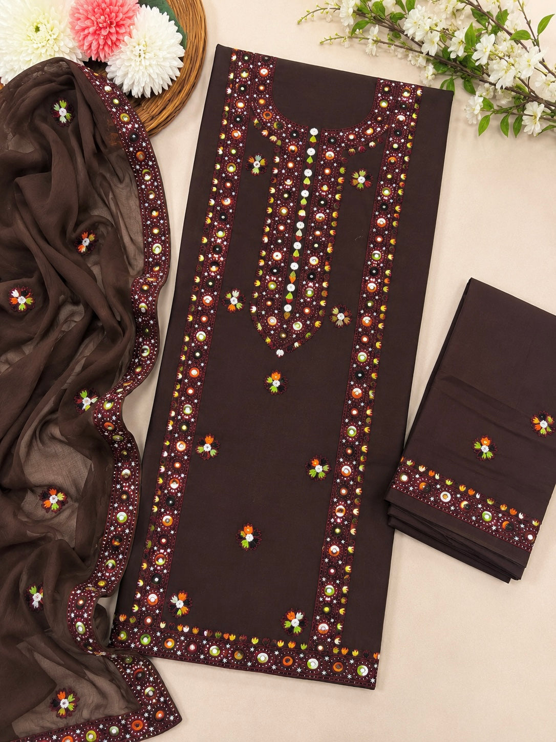 Balochi Multi Thick Thread & 9MM Sitara Heavy Embroidered Lawn Cotton Shirt & Trouser with Chiffon Dupatta | 3 Piece Unstitched Dress