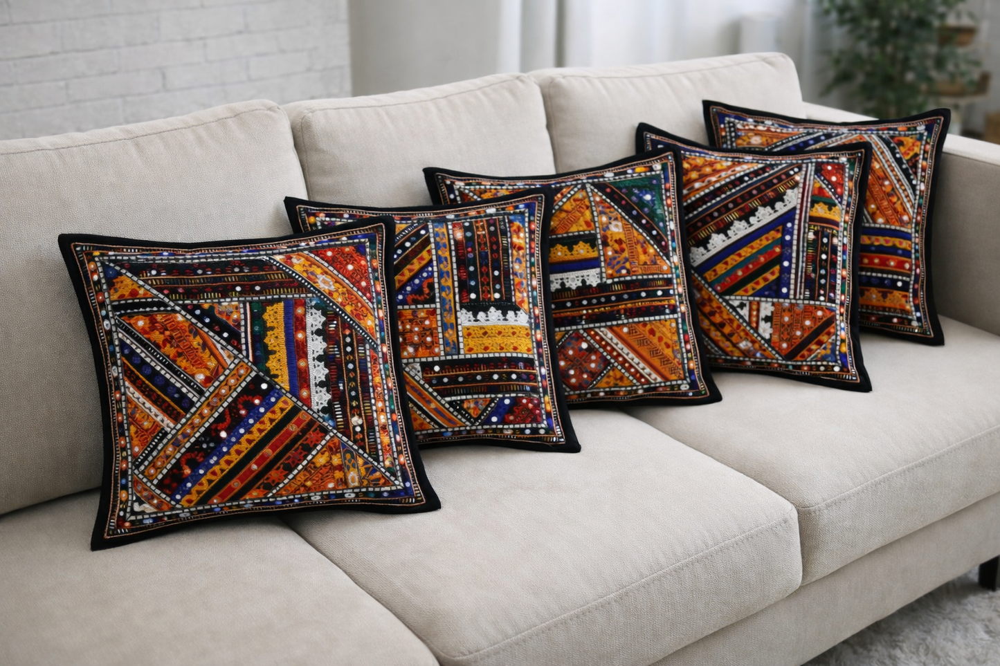 Traditional Embroidered Cushion Cover Set (5 Pieces) – 16x16 Inches