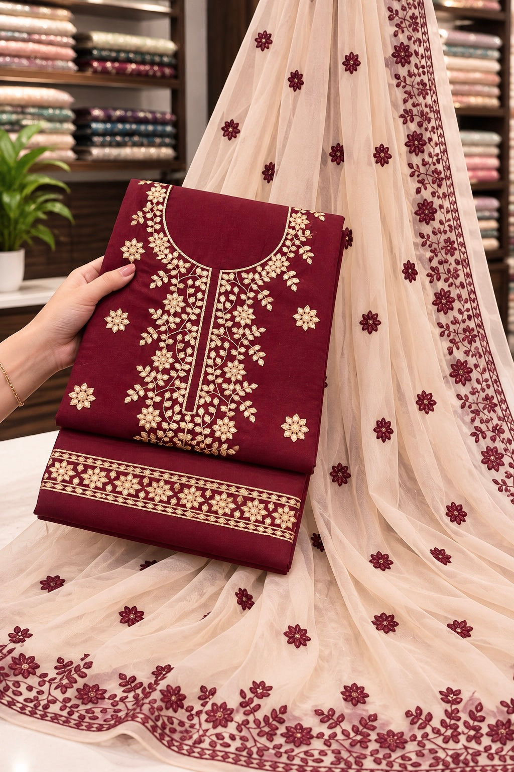Computer Flower Patti Applique Embroidered Soft Cotton with Chiffon Dupatta - 3PC Unstitch Dress 👗