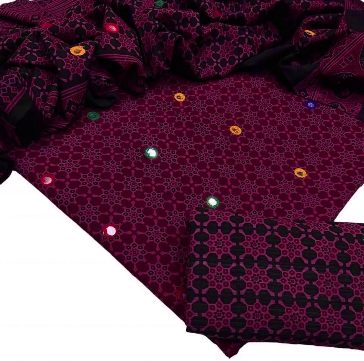 Ajrak Block Print Cotton 3-Piece Suit with Multi Sitara Foil Work – Hand-Dyed Traditional Elegance