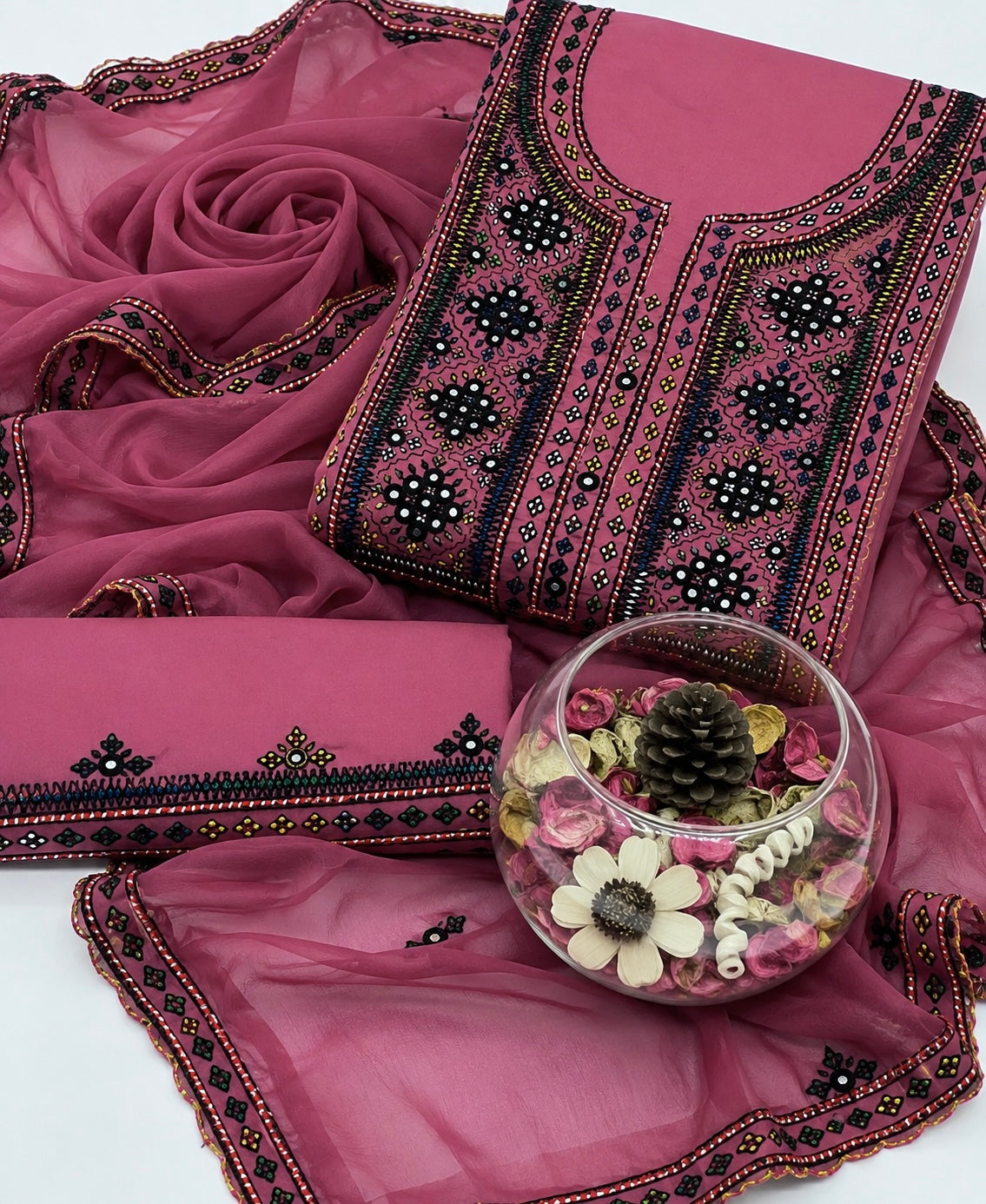 Balochi Handmade Mirror Work Soft Cotton Fabric Shirt & Trouser with Chiffon Dupatta | 3PC Unstitch Dress 👗