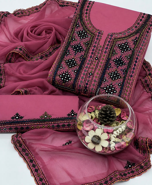 Balochi Handmade Mirror Work Soft Cotton Fabric Shirt & Trouser with Chiffon Dupatta | 3PC Unstitch Dress 👗