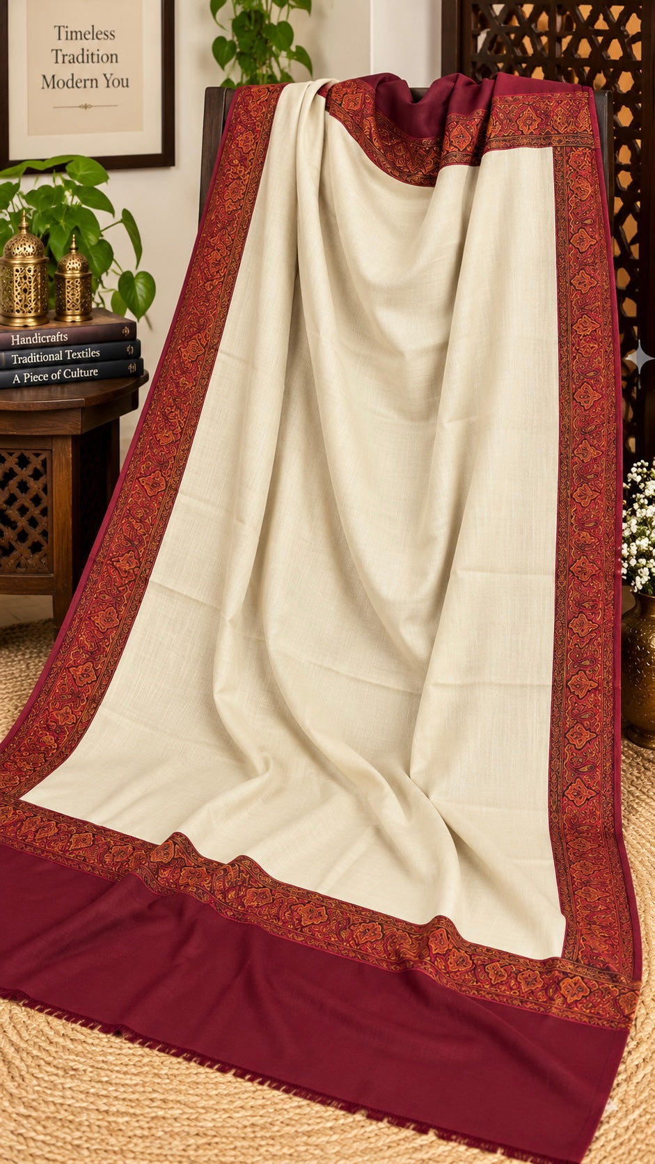 Original Pashmina Four Border Shawl for Winter – Traditional Printed Design (Large Size)