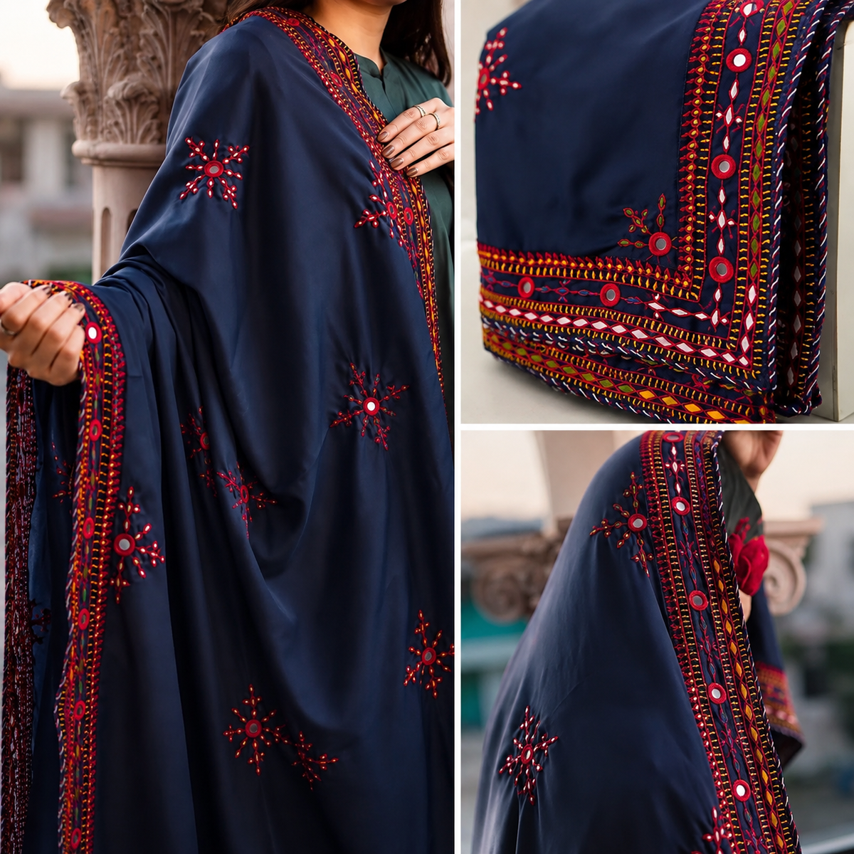 Balochi Handmade Original Mirror Work Four Border Chadar – Swiss Voile Fabric