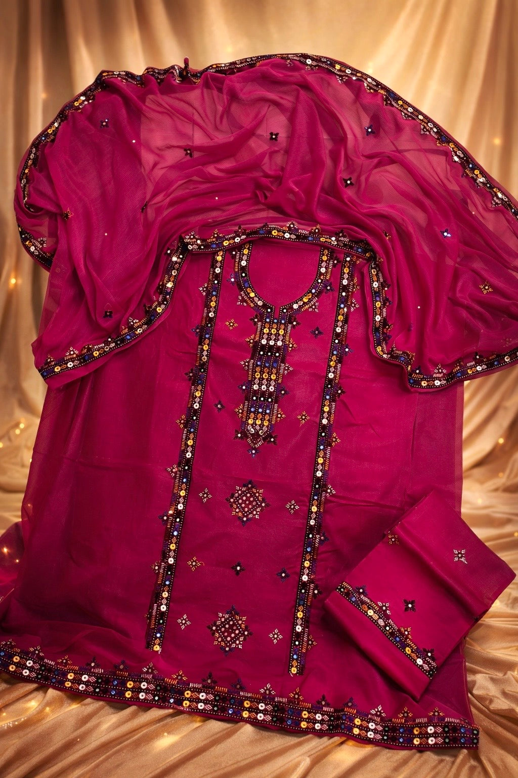 Balochi Gala Bail Daman Soft Cotton Thick Thread Embroidered 3-Piece Unstitched Suit