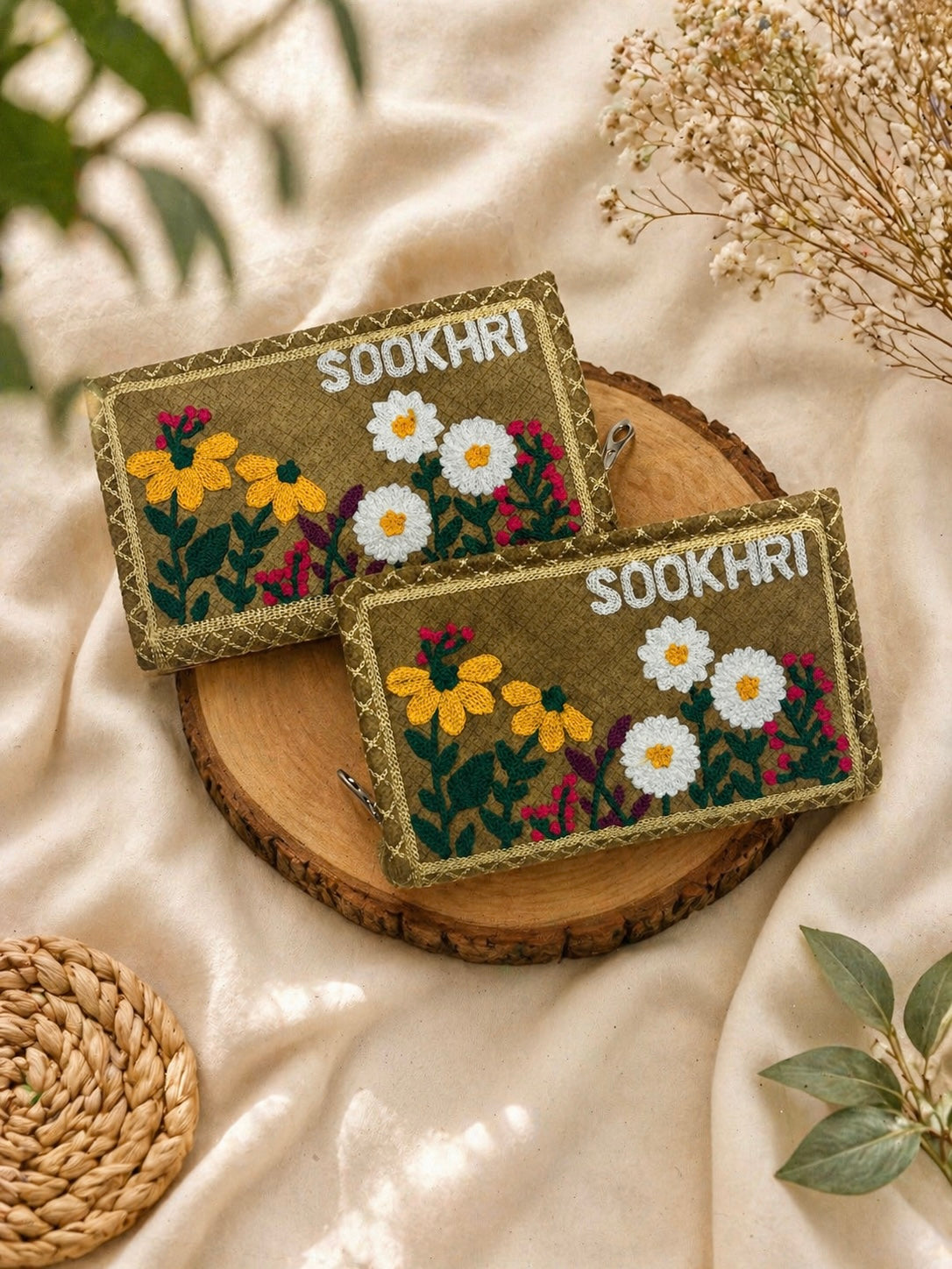SOOKHRI Embroidered Velvet Clutch – Floral Zipper Wallet (Pair of 2)