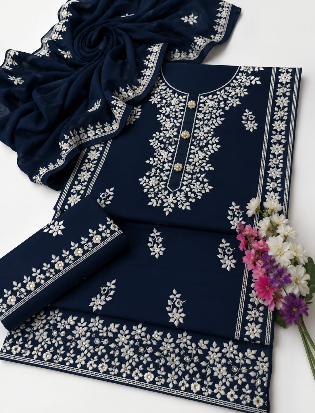 Applic Patti Style Sitara Embroidered Soft Cotton Shirt & Trouser with Chiffon Embroidered Dupatta - 3PC Unstitch Dress 👗