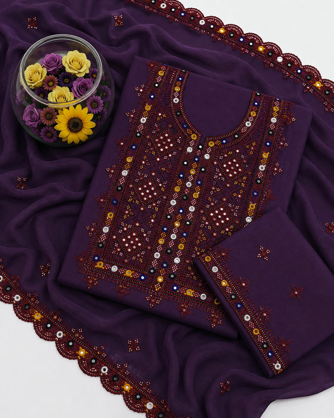 Balochi Thick Thread 9MM Sitara Work Machine Embroidered Soft Cotton with Two Side Cutwork Border Chiffon Dupatta - 3PC Unstitched Dress 👗