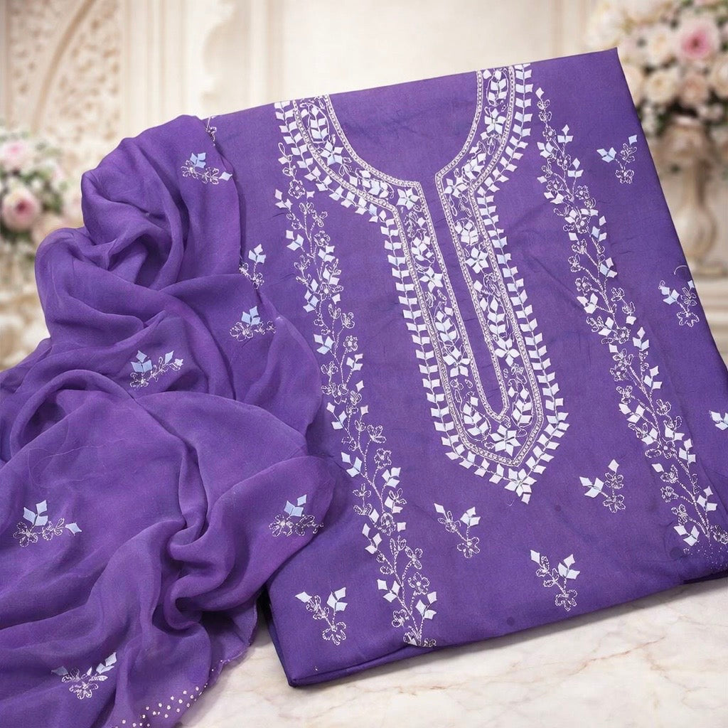 Handmade Applique Leaf, Zari & Pearl Work Lawn Fabric With Chiffon Dupatta 3PC Dress