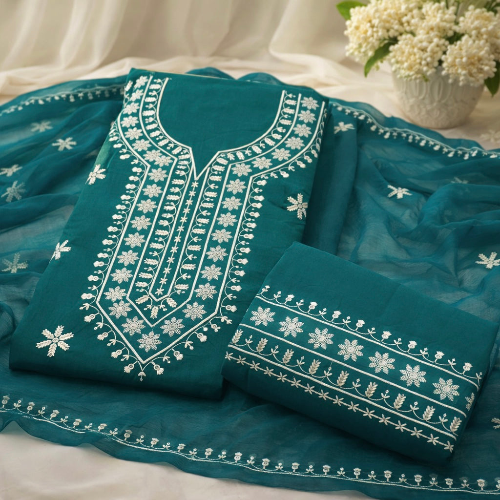 Elegant White Sequence Sitara Embroidery Soft Cotton with Chiffon Dupatta - Unstitch 3PC Dress 👗
