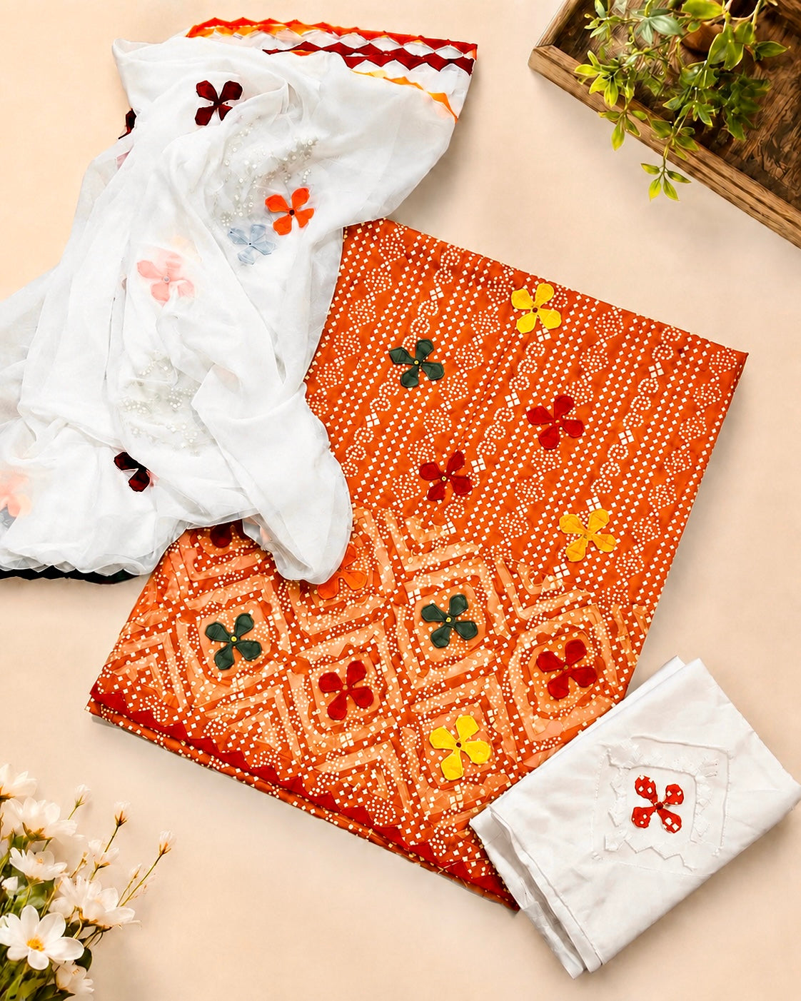 Lawn Cotton Chunri Print Multi Applic Work Handmade with Chiffon Applic Work Dupatta - 3PC Unstitch Dress 👗