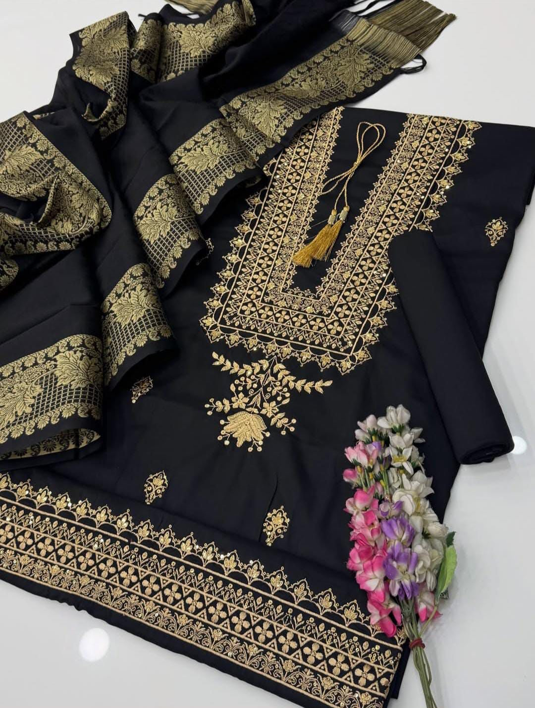 Winter Staple Soosi 3-Piece Suit | 3mm Sequence Embroidery with Jacquard Staple Soosi Shawl Dupatta