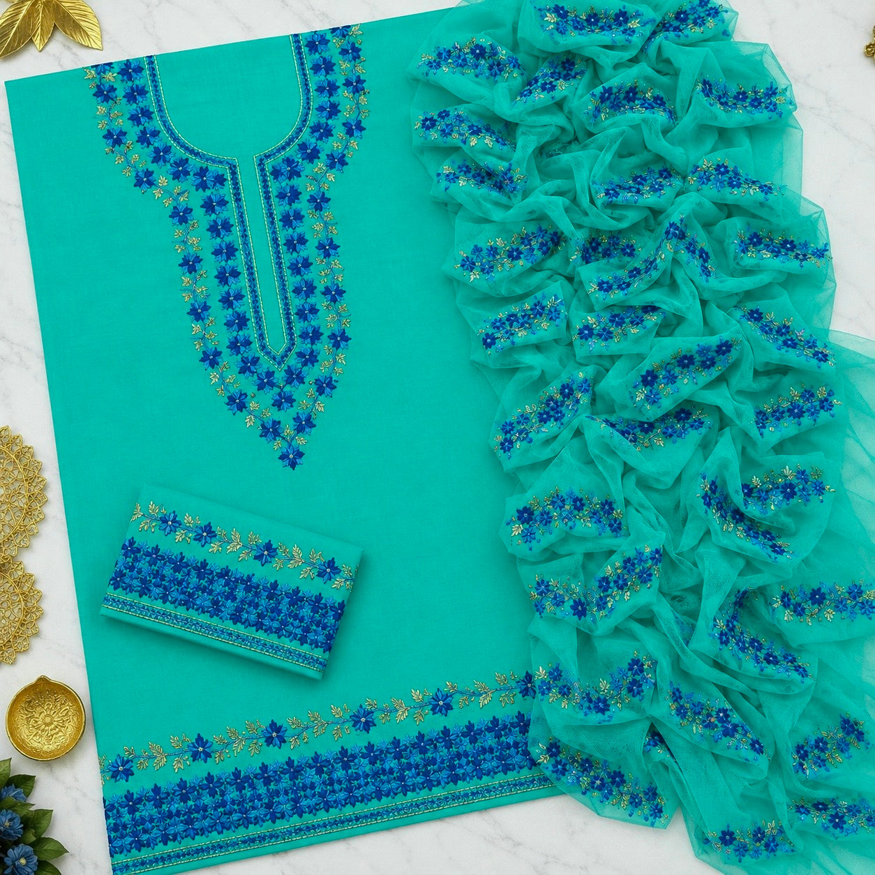 Two-Tone 3MM Sitara Thick Thread Flower Work Embroidery Soft Cotton with Chiffon Dupatta - 3PC Unstitch Dress 👗