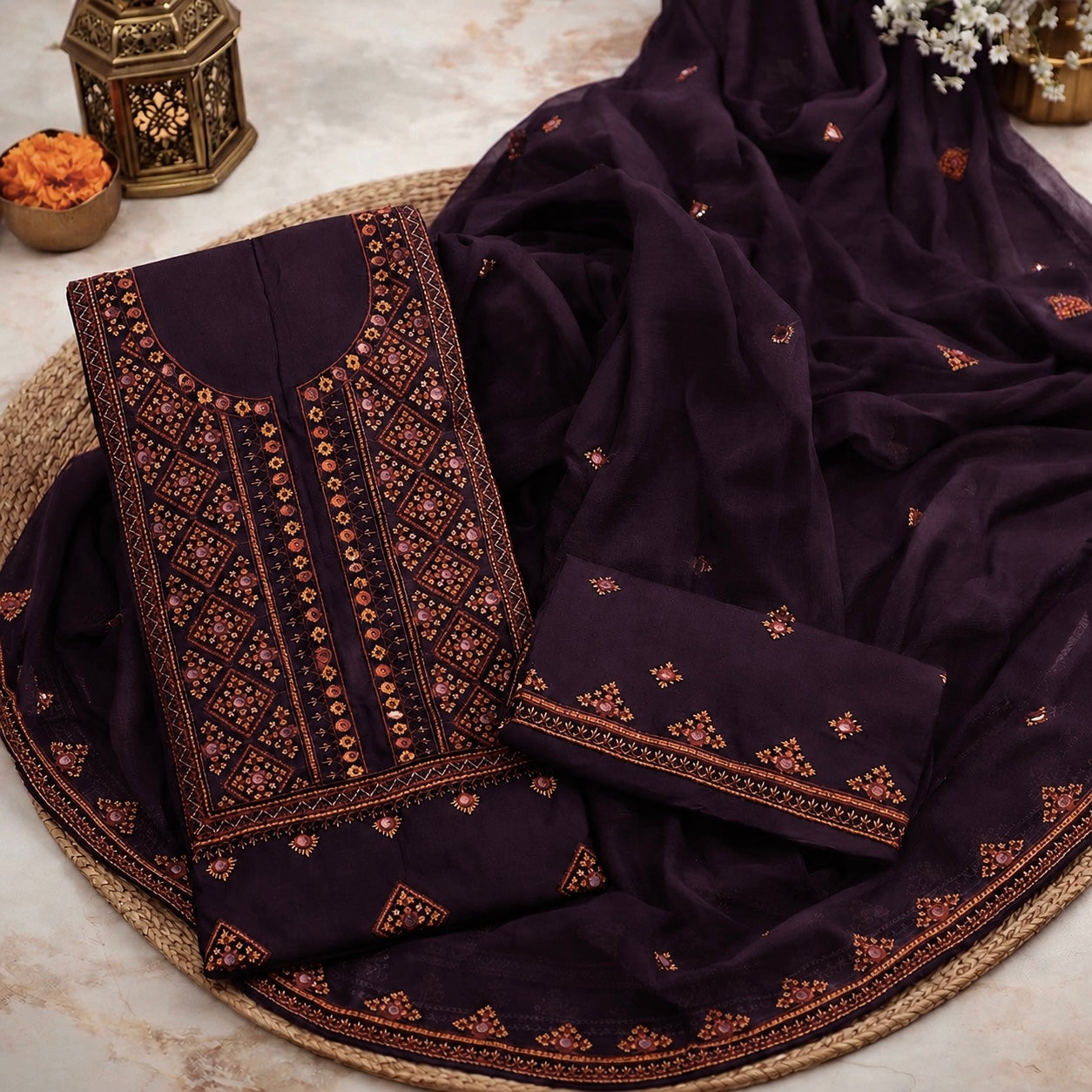 Balochi Style Thick Thread 9MM Sitara Embroidered Lawn Cotton with Chiffon Dupatta - 3PC Unstitch Dress 👗