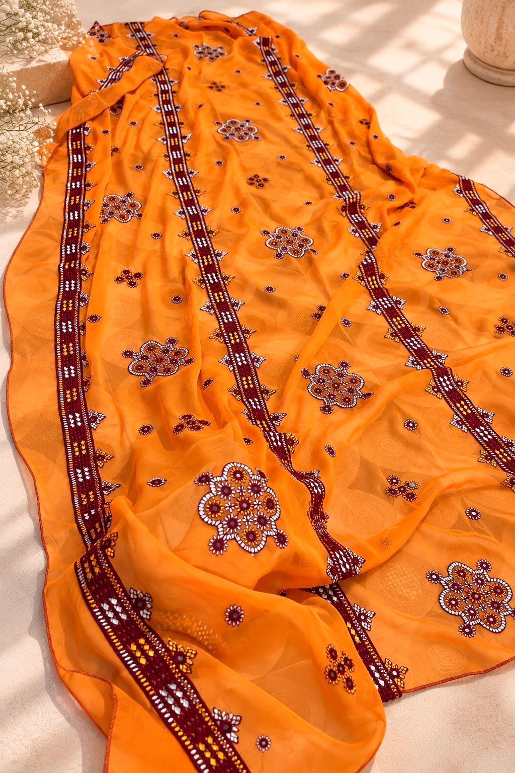 Crinkle Chiffon Balochi Four Panel Thick Thread Sitara Embroidery Chaddar