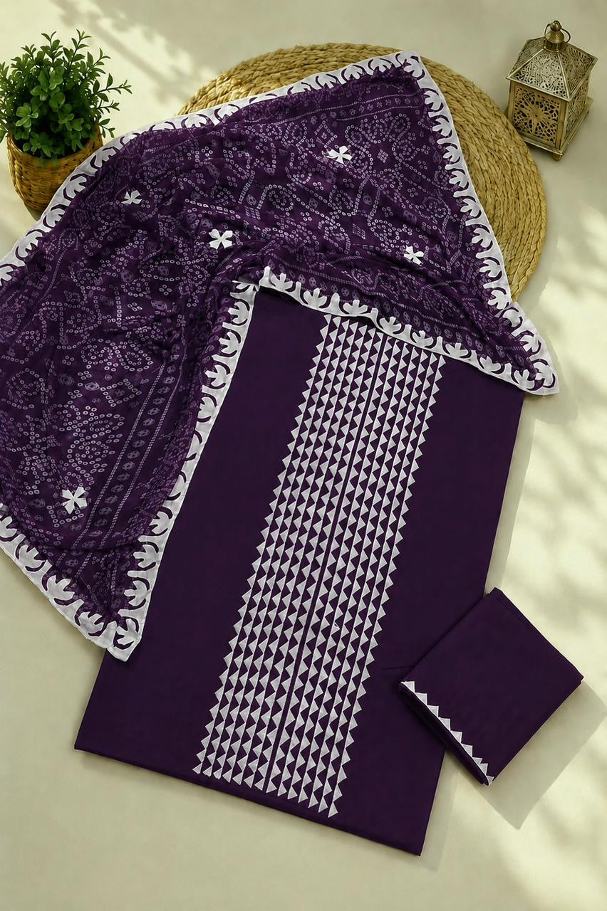 Applic Handwork Lawn Cotton Shirt & Trouser with Four Side Applic Border Chiffon Chunri Printed Dupatta – 3PC Unstitched Dress 👗