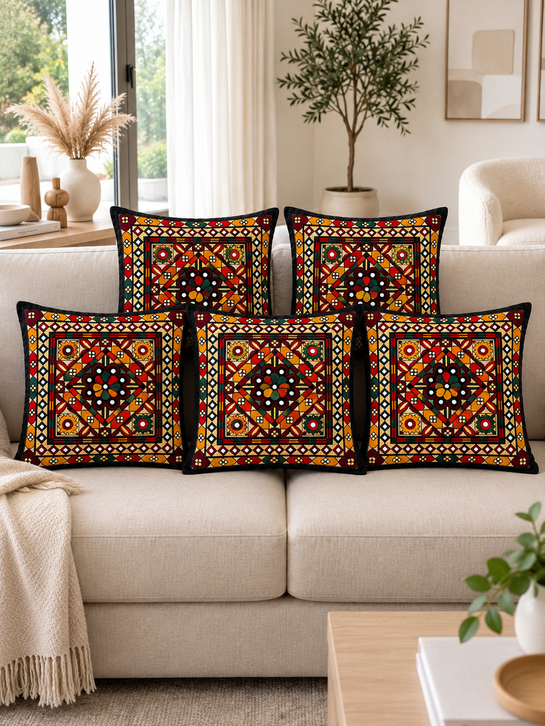 Traditional Embroidered Cushion Cover Set (5 Pieces) – 16x16 Inches