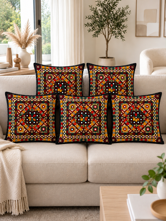 Traditional Embroidered Cushion Cover Set (5 Pieces) – 16x16 Inches