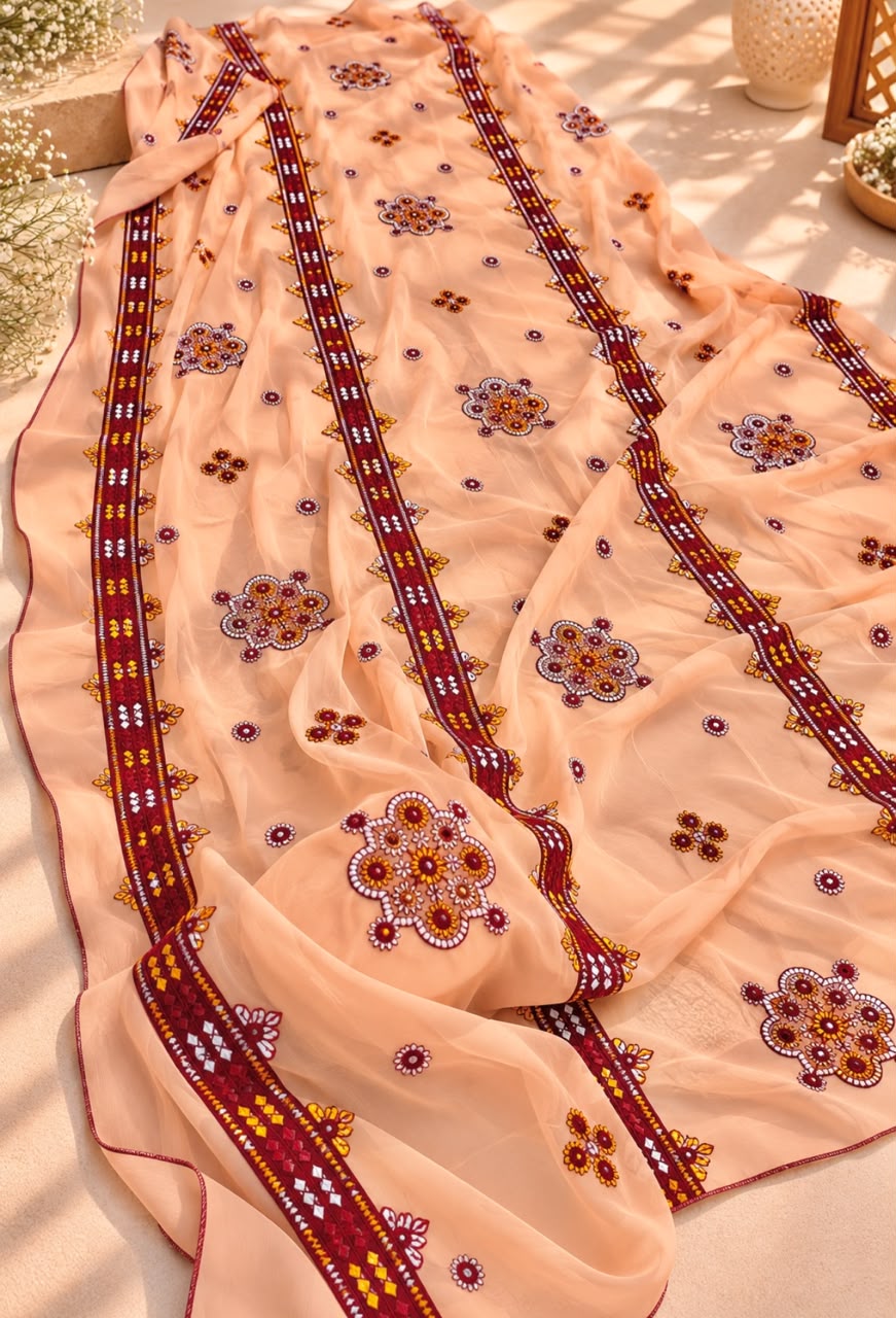 Crinkle Chiffon Balochi Four Panel Thick Thread Sitara Embroidery Chaddar