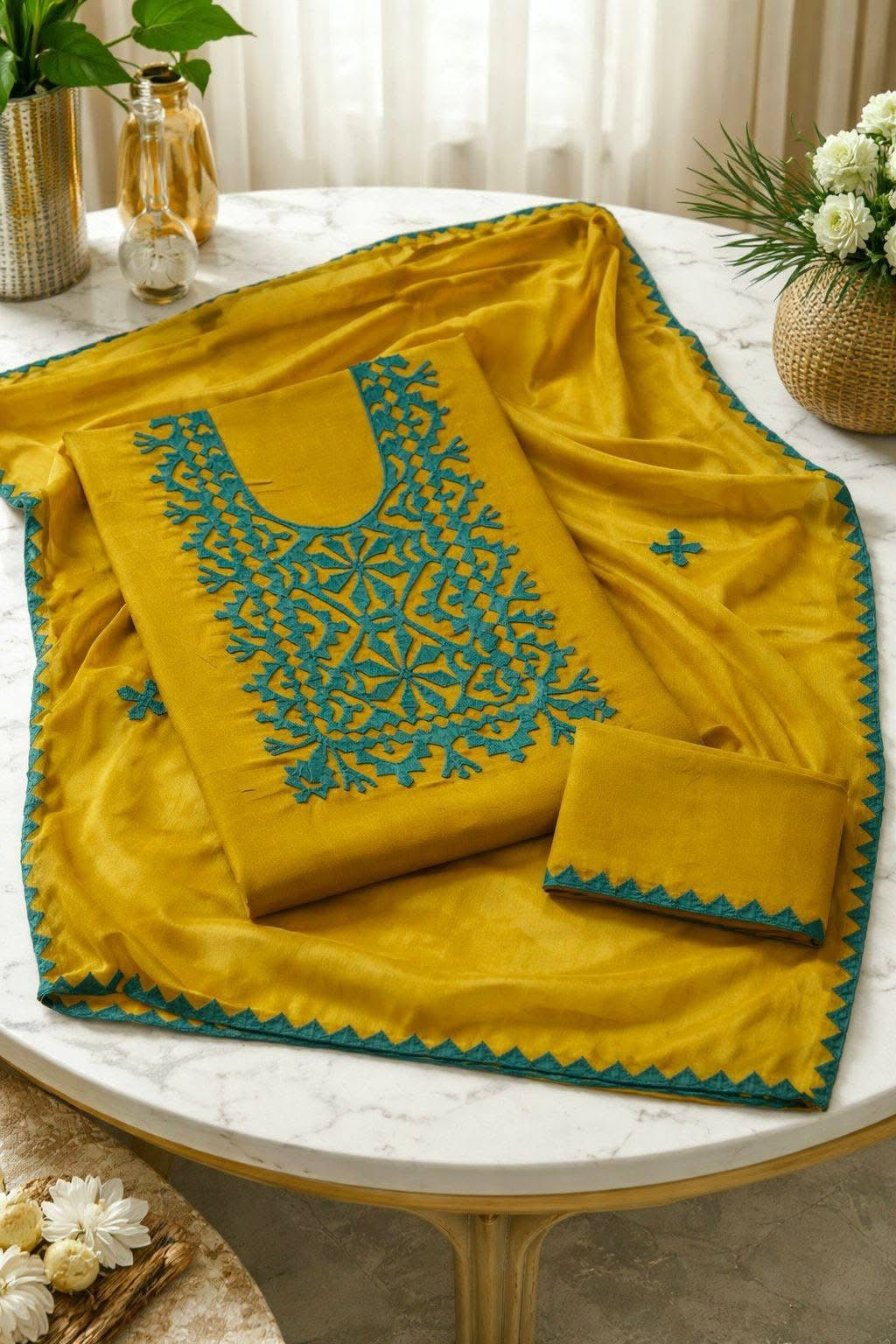 Pure Fancy Handmade Applique Work Soft Cotton Suit with Chiffon Dupatta – 3 Piece Unstitched Dress 👗