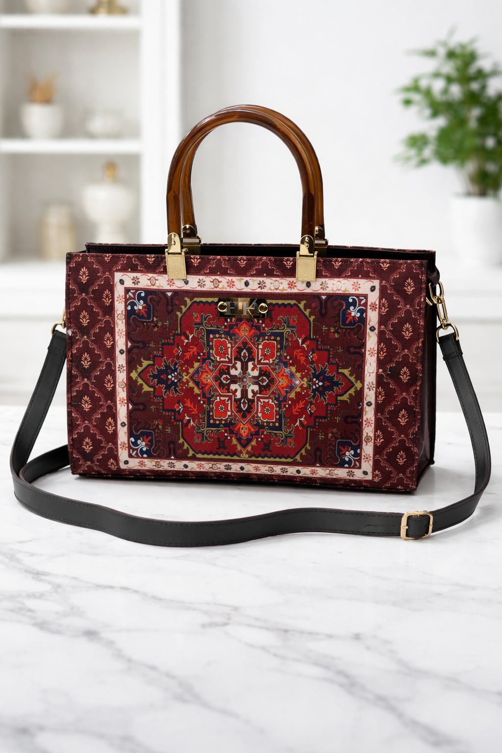 Elegant Traditional Kenves Print Tote Handbag with Tortoiseshell Handles & Detachable Strap