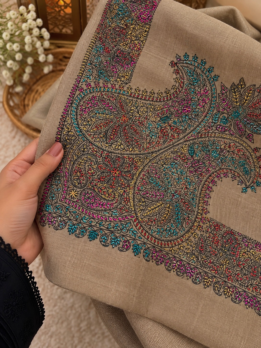Original Pashmina Handmade Kachna Tanka Embroidery with Four Side Border - Shawl