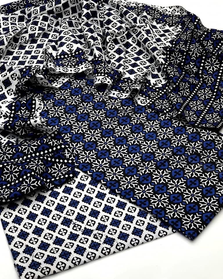 Ajrak Block Print 3 Piece Dress – Soft Winter Cotton Fabric