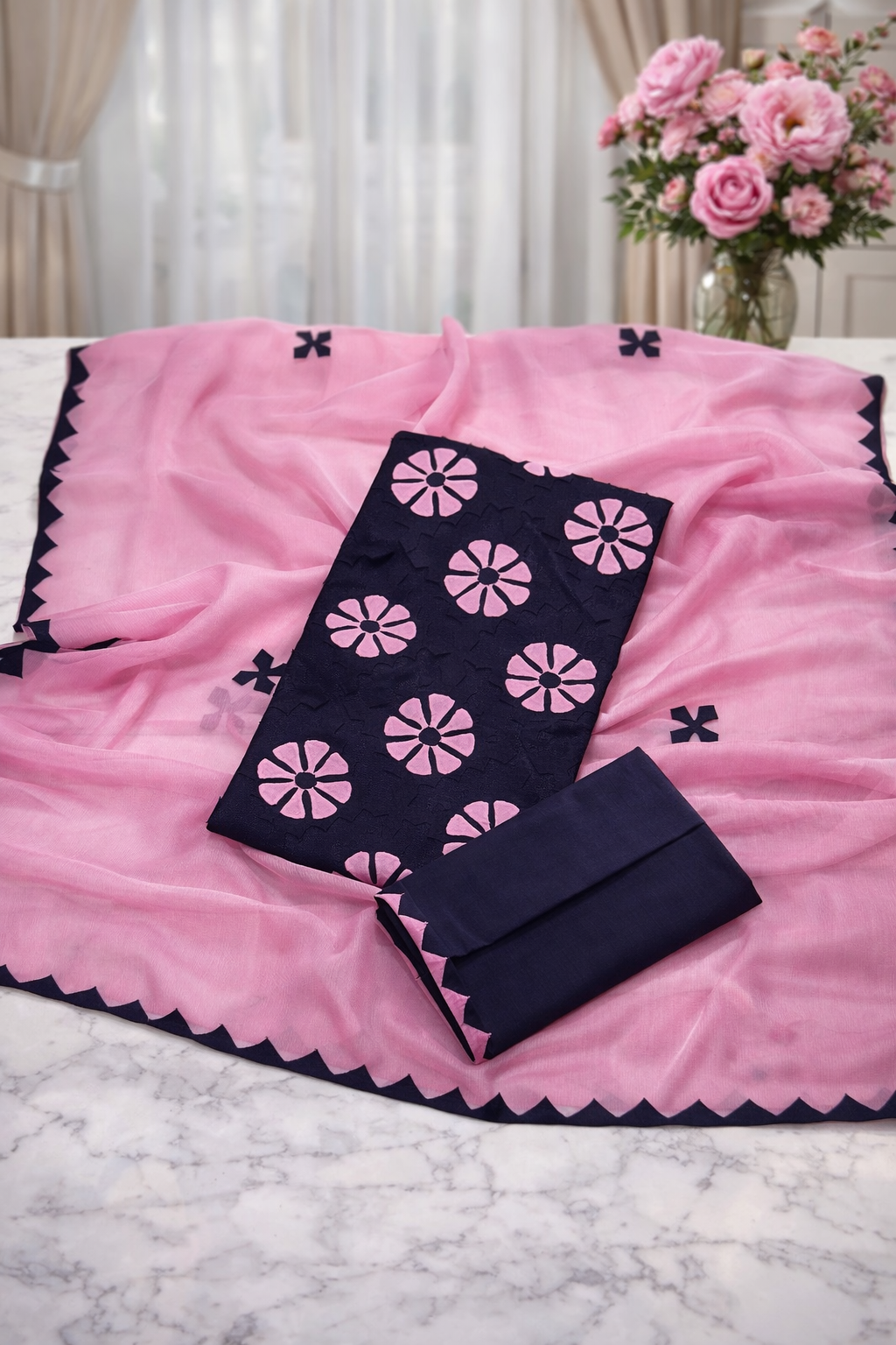 Handcrafted Soft Cotton Applique Work 3-Piece Unstitched Dress with Net Front Panel & Chiffon Dupatta