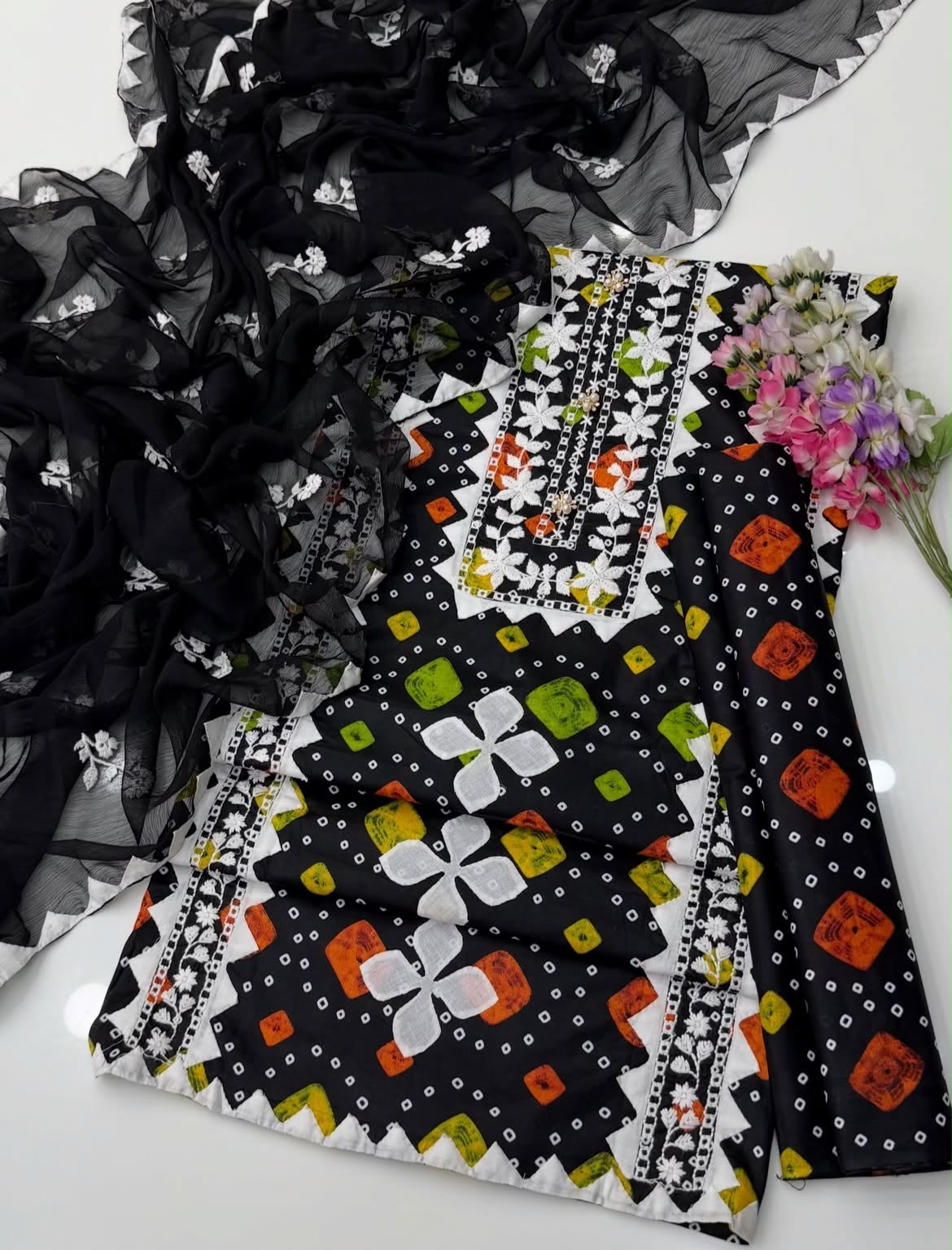 Chunri Print Applic With Embroidery Soft Cotton 3-Piece Suit