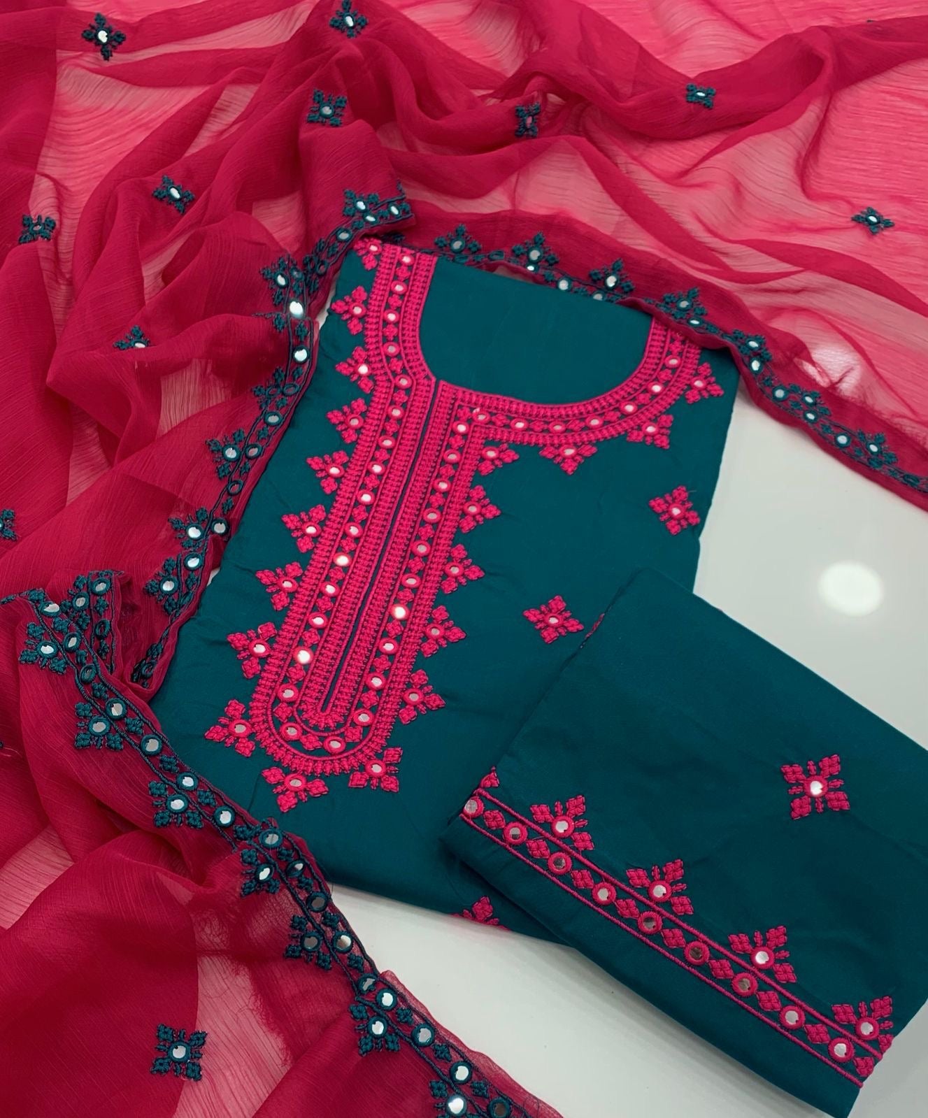 Soft Cotton Suit with 9mm Sitara Computer Embroidery & Contrast Chiffon Dupatta