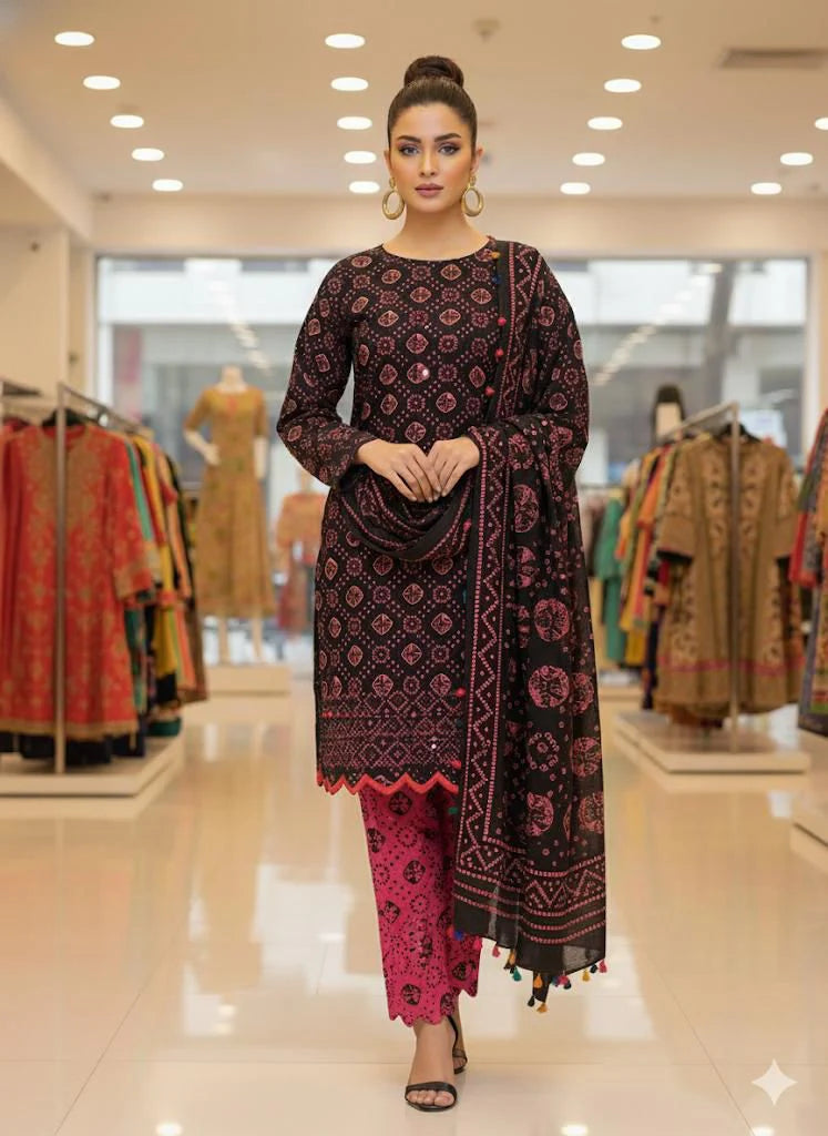 Chunri Block Print Cotton 3-Piece Suit Multi-Sitara Foil Work - 3PC Unstitch Dress