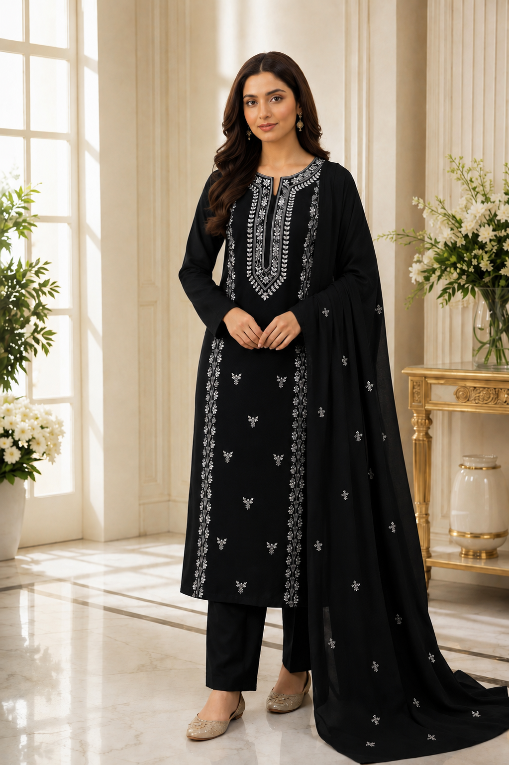Black Handmade Applique with Zari & Pearl Work Lawn Fabric With Chiffon Dupatta 3PC Unstitch Dress 👗