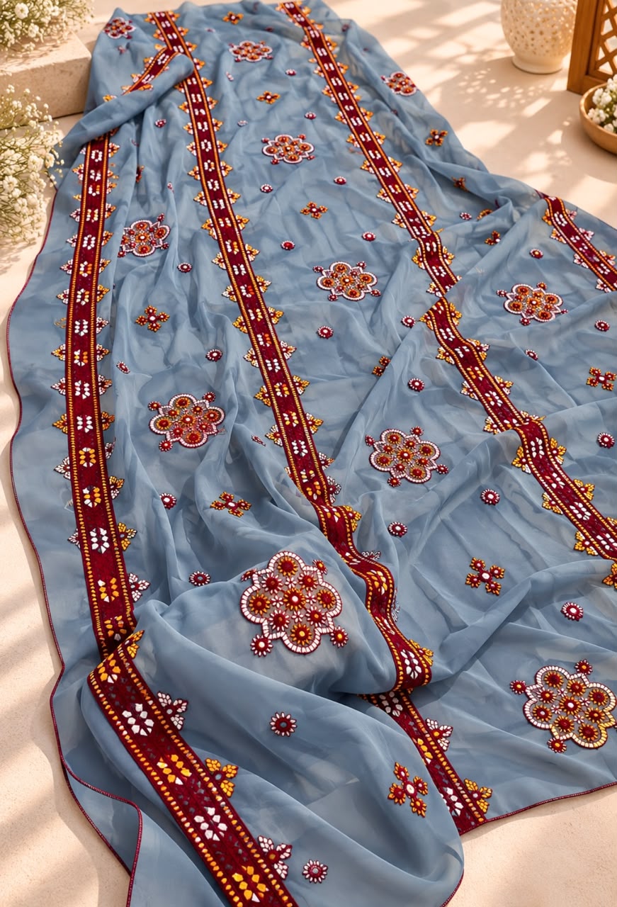 Crinkle Chiffon Balochi Four Panel Thick Thread Sitara Embroidery Chaddar