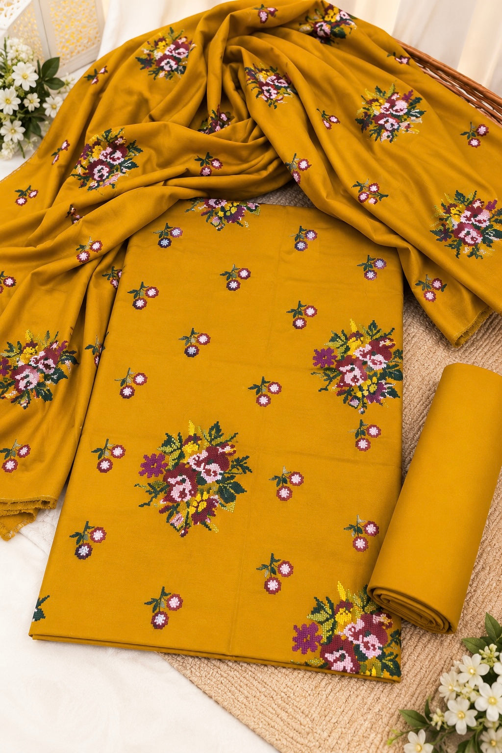 Premium Dhanak Fabric Cross Stitch Multi Flower Bunches Embroidered 3-Piece Unstitched Suit